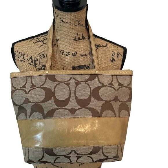 Coach Handbags - Vintage Coach Signature Brown Stripe Leather Tote Purse Shoulder Tan Bag